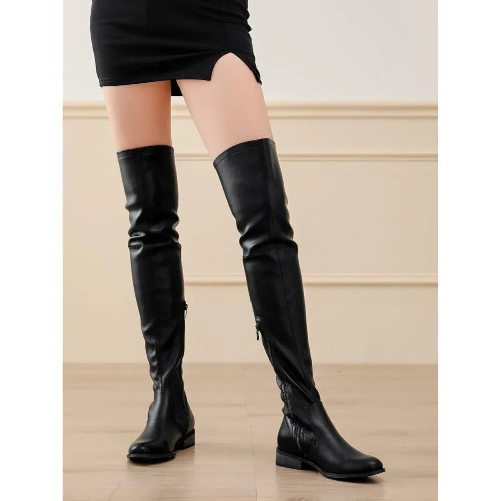 🆕Women Pu Black Over The Knee Boots Thigh High Low Block Heel Pointed Toe Boot